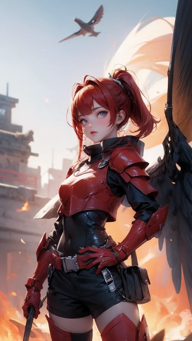 Cute Girl, cowboy shot,ridiculous resolution, High resolution, (masterpiece: 1.4), Super detailed, And me, Red armor and red wings, fly in the sky (1.8) The background is wild, fire