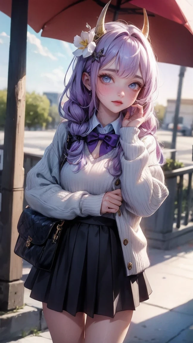 Cute Girl, cowboy shot,masterpiece, best quality, highres, hmsl1, horned headwear, hair flower, x hair ornament, white sweater, purple jacket, flower, long sleeves, open clothes, black bow, sleeves past wrists, skirt, cowboy shot, outdoors, street, standing