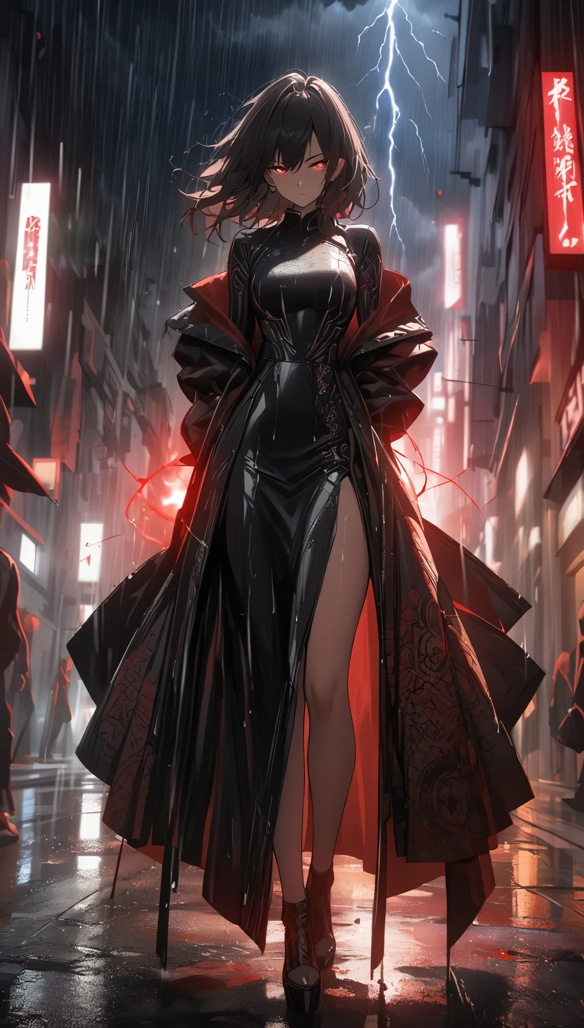1 japanese girl, War Armor, complex patterns, heavy metal, energy line, faceless, glowing eyes, elegant, intense, blood red and black, alone, modern, City, street, dark clouds, thunderstorm, downpour,, dramatic lighting,, (masterpiece:1.2), best quality, High resolution, Beautiful detailed, Very detailed, perfect lighting,
