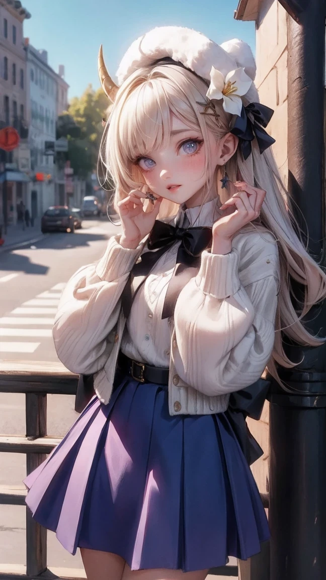 Cute Girl, cowboy shot,masterpiece, best quality, highres, hmsl1, horned headwear, hair flower, x hair ornament, white sweater, purple jacket, flower, long sleeves, open clothes, black bow, sleeves past wrists, skirt, cowboy shot, outdoors, street, standing
