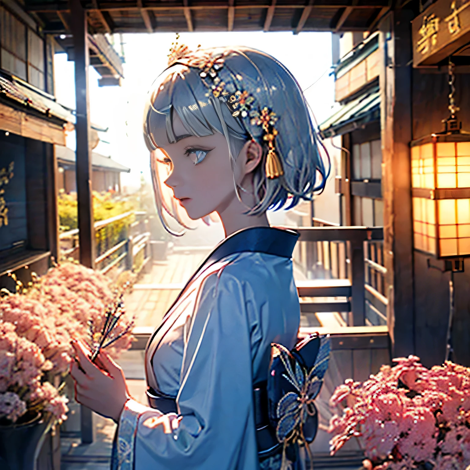 ((1girl,cute,japanese,young,short beautiful silver hair,pixie cut,blunt bangs,beautiful blue eyes)),
(solo),(japanese beautiful floral kimono,yukata),((masterpiece, highest resolution,best quality)), (beautiful illustration), (looking at the viewer), innocent smile,beautiful japanese festival,fireworks,flowers,stall、stall,crowded,night,