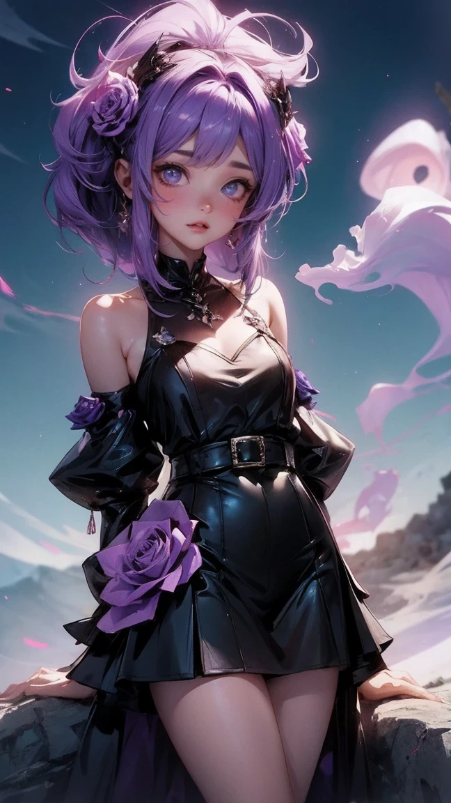 Cute Girl, cowboy shot,(Greenish-purple,coloring scheme:1.4)(best quality,4K,8K,High resolution,masterpiece:1.2),Radiation and volcanic eruptions, ((Smoke turns into rose shape:3.0))on top of volcano, creating a surreal ambiance. bathe in moonlight, Volcano eruption casts eerie light in smoke in air. Pixel art background,Thick smoke emits purple light,Formed into a beautiful rose shape,