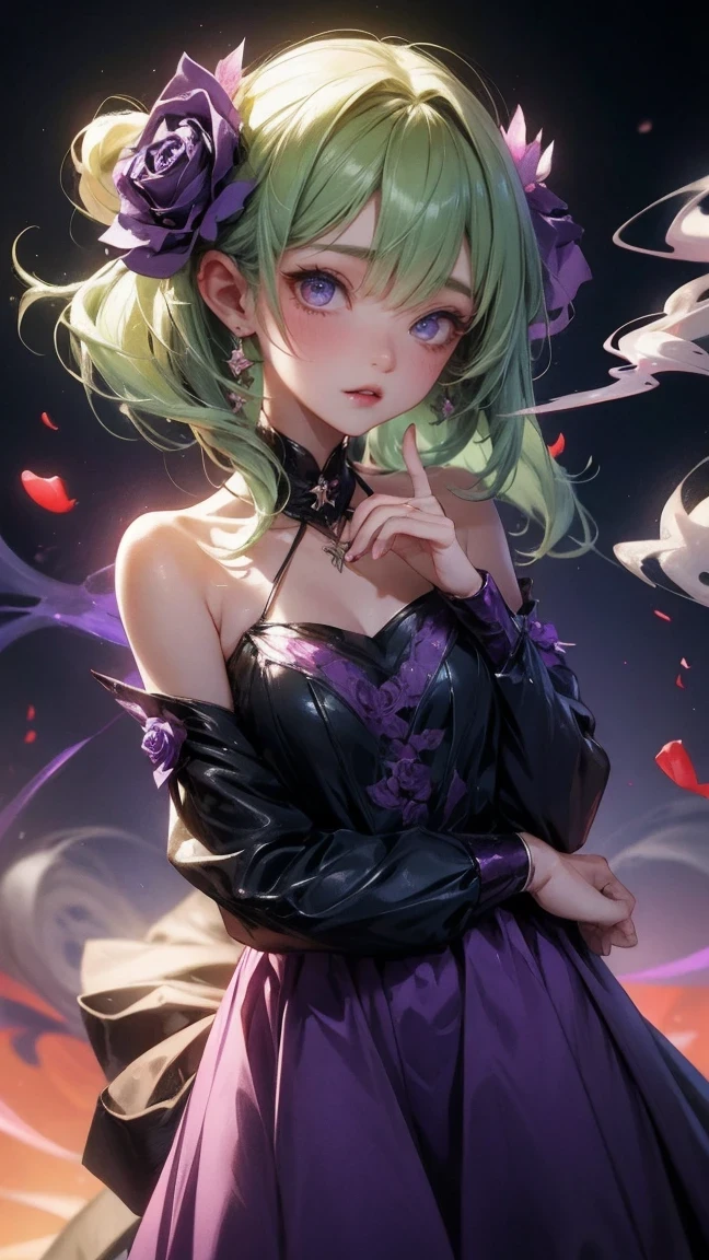 Cute Girl, cowboy shot,(Greenish-purple,coloring scheme:1.4)(best quality,4K,8K,High resolution,masterpiece:1.2),Radiation and volcanic eruptions, ((Smoke turns into rose shape:3.0))on top of volcano, creating a surreal ambiance. bathe in moonlight, Volcano eruption casts eerie light in smoke in air. Pixel art background,Thick smoke emits purple light,Formed into a beautiful rose shape,