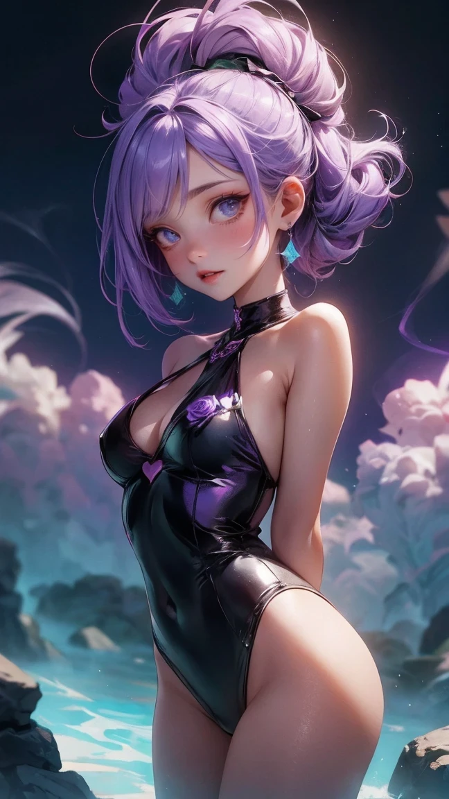 Cute Girl, cowboy shot,(Greenish-purple,coloring scheme:1.4)(best quality,4K,8K,High resolution,masterpiece:1.2),Radiation and volcanic eruptions, ((Smoke turns into rose shape:3.0))on top of volcano, creating a surreal ambiance. bathe in moonlight, Volcano eruption casts eerie light in smoke in air. Pixel art background,Thick smoke emits purple light,Formed into a beautiful rose shape,