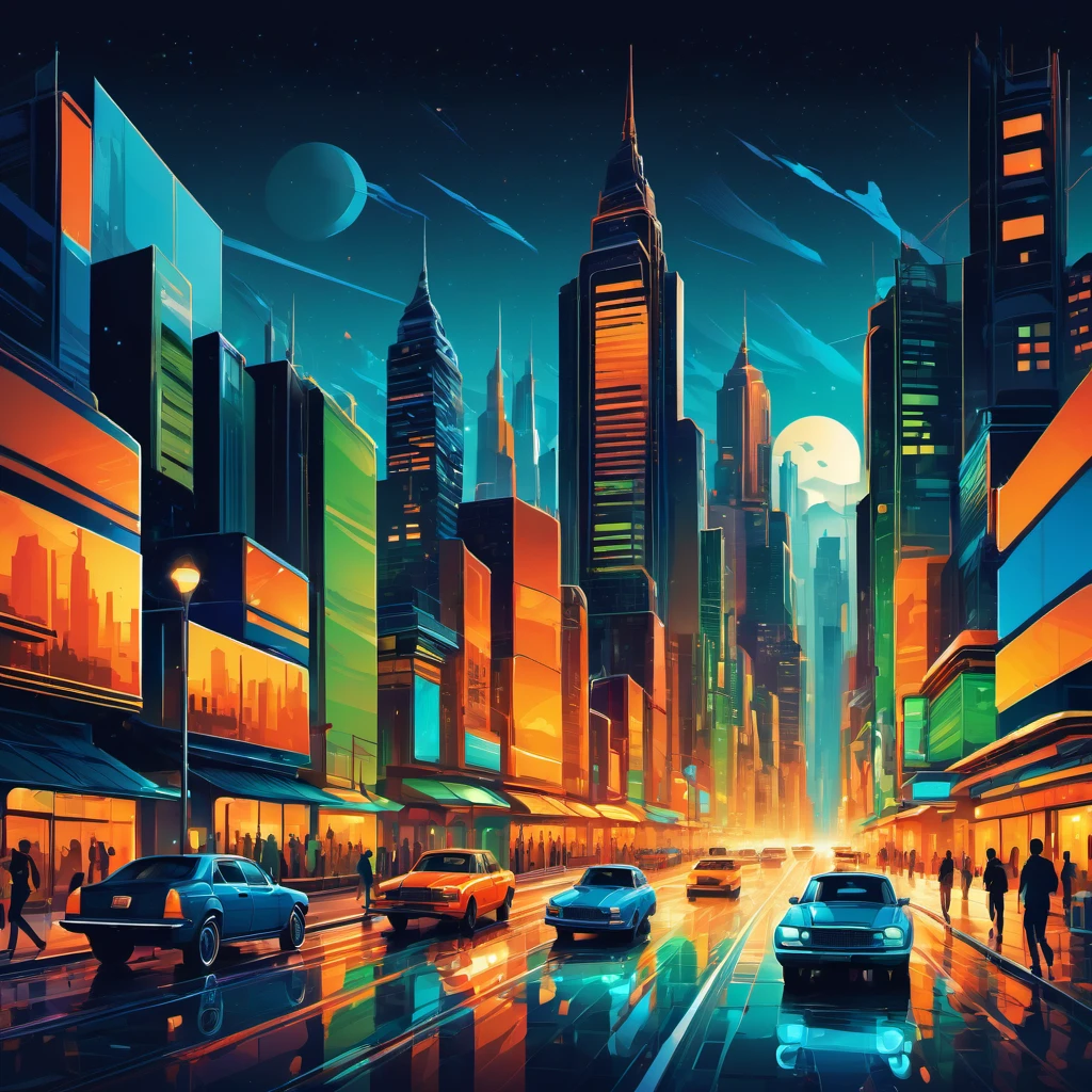 (best quality, highres, ultra sharp), magical ,Vector art of a bustling cityscape at night, high level of detail, vibrant colors, modern style, 4k resolution, dynamic lighting effects, vector art style, art tupu, 70's, 3d crunch, realistic feeling, terrorific scene, people running, panic, cars, buses, dark tones of orange , blue gray, brown, green, yellow, white, and black, vectored city,