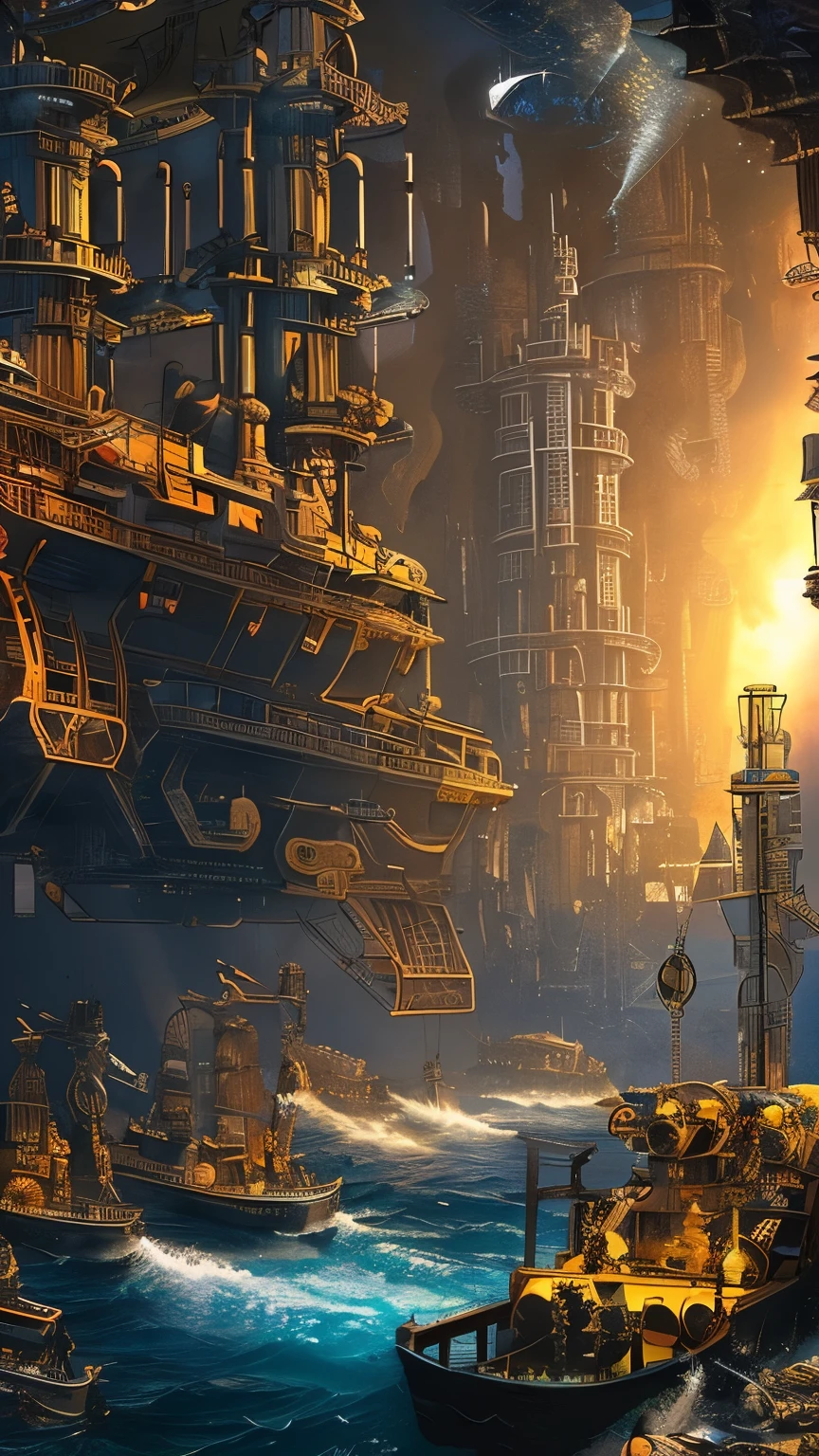 best quality, super fine, 16k, incredibly absurdres, extremely detailed, cross section of the Mariana Trench, atlantis, huge amount of gear, sunlight shining through the deep, pitch black ocean, fantastic and mysterious, steampunk, dieselpunk, clockpunk, blend art, mixture art, fractal art, design art
