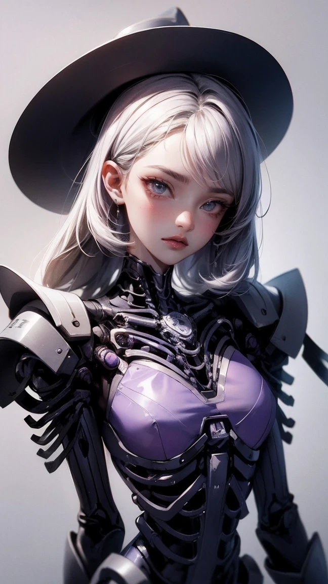 Cute Girl, cowboy shot,(Pencil_Sketch:1.2, messy lines, greyscale, traditional media, sketch),There is a photo of purple eyes, Cyberpunk Art by Justin Gerrard, cgsociety contest winner, afrofuturism, Intricate skeleton robot,Wearing a metal wide-brimmed hat， Beautiful biomechanical deity, translucent, Deep cyberpunk skeleton man, portrait of space, Biomechanical half-skeleton man, colorful punk, detailed portrait,heart shaped collar, cosmetic, Smile, Art Deco, rococo style, high detail, concept art, On Art, Chromatic aberration abuse, rounded corners, Caustics, diffraction peak,(full body portrait：1.5） ultra high definition, Super details, high details, high quality, high resolution, 16K