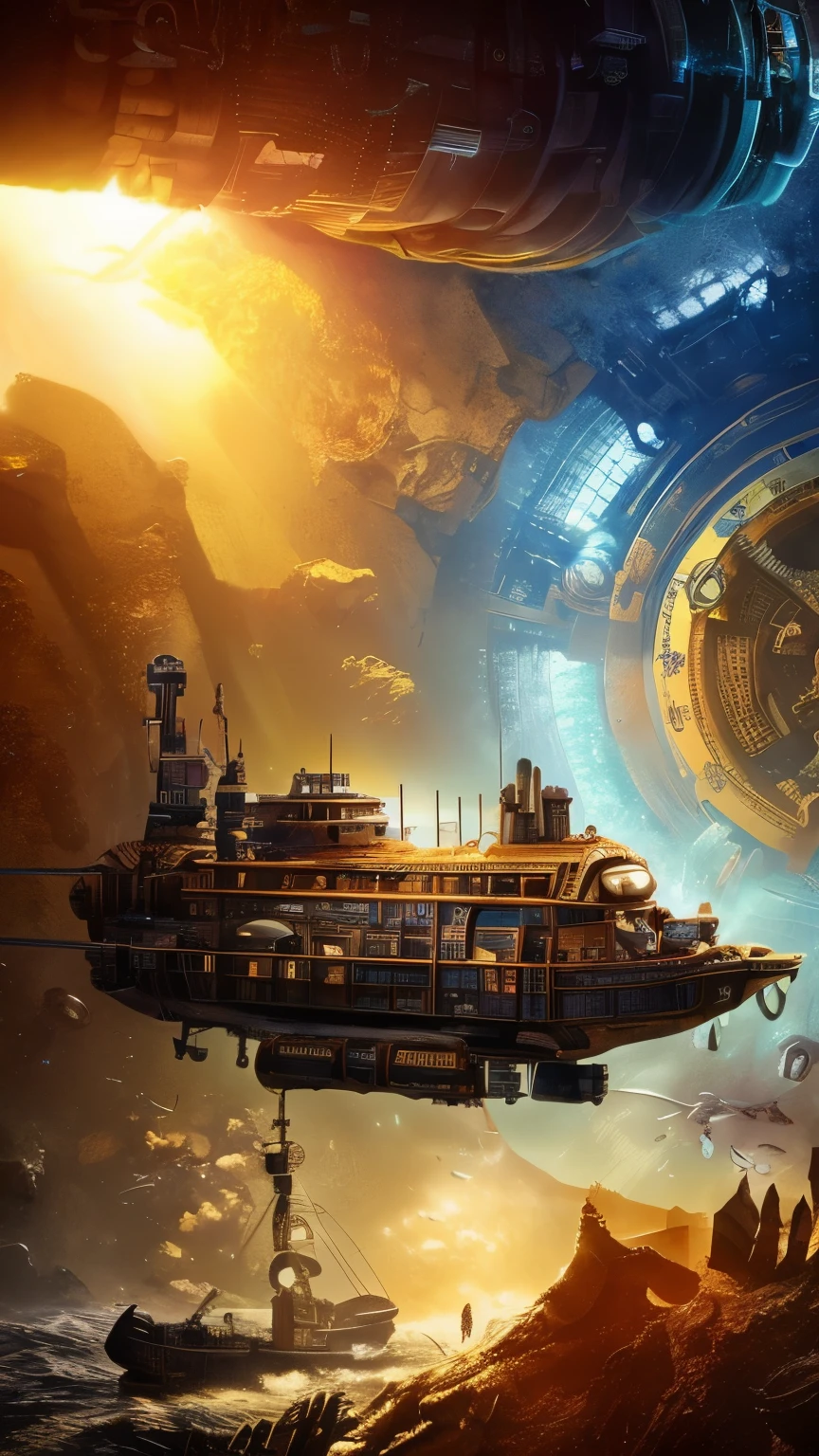 best quality, super fine, 16k, incredibly absurdres, extremely detailed, cross section of the Mariana Trench, atlantis, huge amount of gear, sunlight shining through the deep, pitch black ocean, fantastic and mysterious, steampunk, dieselpunk, clockpunk, blend art, mixture art, fractal art, design art