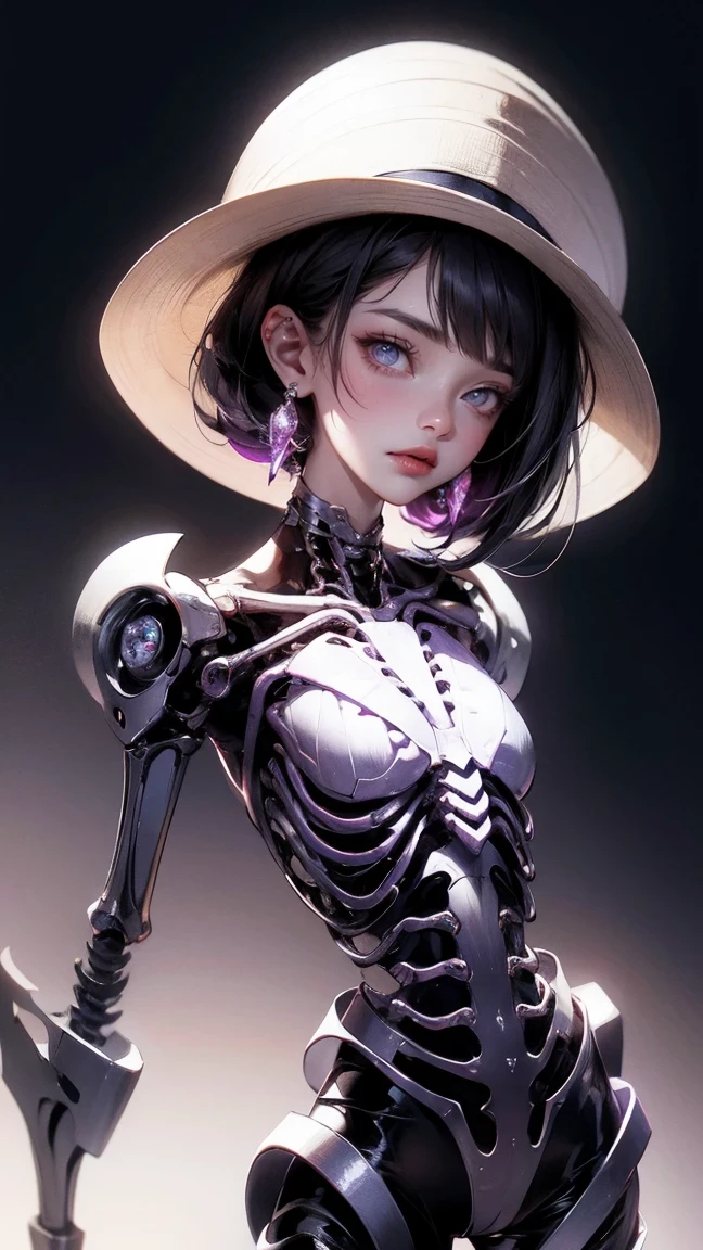 Cute Girl, cowboy shot,(Pencil_Sketch:1.2, messy lines, greyscale, traditional media, sketch),There is a photo of purple eyes, Cyberpunk Art by Justin Gerrard, cgsociety contest winner, afrofuturism, Intricate skeleton robot,Wearing a metal wide-brimmed hat, Beautiful biomechanical deity, translucent, Deep cyberpunk skeleton man, portrait of space, Biomechanical half-skeleton man, colorful punk, detailed portrait,heart shaped collar, cosmetic, Smile, Art Deco, rococo style, high detail, concept art, On Art, Chromatic aberration abuse, rounded corners, Caustics, diffraction peak,(full body portrait:1.5) ultra high definition, Super details, high details, high quality, high resolution, 16K