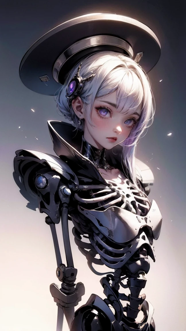 Cute Girl, cowboy shot,(Pencil_Sketch:1.2, messy lines, greyscale, traditional media, sketch), full body shot, There is a photo of purple eyes, heart shaped collar, cosmetic, Smile, Intricate skeleton robot, Wearing a metal wide-brimmed hat, Beautiful biomechanical deity, translucent, Deep cyberpunk skeleton man, portrait of space, Biomechanical half-skeleton man, colorful punk, detailed portrait, concept art, diffraction peak, ultra high definition, Super details, high resolution, Art Deco, rococo style, high detail, Chromatic aberration abuse, rounded corners, Caustics, (Ultra-Wide Angle:1.8), High details, high quality, 16K