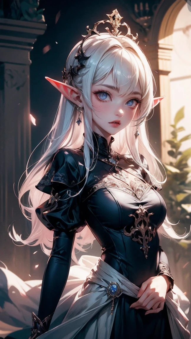 Cute Girl, cowboy shot,(Pencil_Sketch:1.2, messy lines, greyscale, traditional media, sketch),(full body portrait:1.5), (Far focus design:1.5), An elf queen, High-level elf noble clothing, Proud, shy, bell, Triple crown, Glowing white pupils, Eyes look toward central focus, wrapped in lilac metallic canvas, Exuding an aura of dark fantasy and hatred, Intricate and exquisite details, Highlight thin strokes, dark rich color palette, Black, Red, white, blue, Added to enhance the overall ambience, Beautiful details glow, smooth and flawless, through double exposure technology, Hauntingly beautiful mist shrouding the landscape, Delicate crystal structure sparkles, ethereal light, Soft baby pink cherry blossoms, Exquisite carpet floor, Optical fiber thin fibers add touch, Intricate and mysterious, nose blush, rococo style, high detail, Conceptual art, UHD, anatomically correct, super detail, best quality, 8k