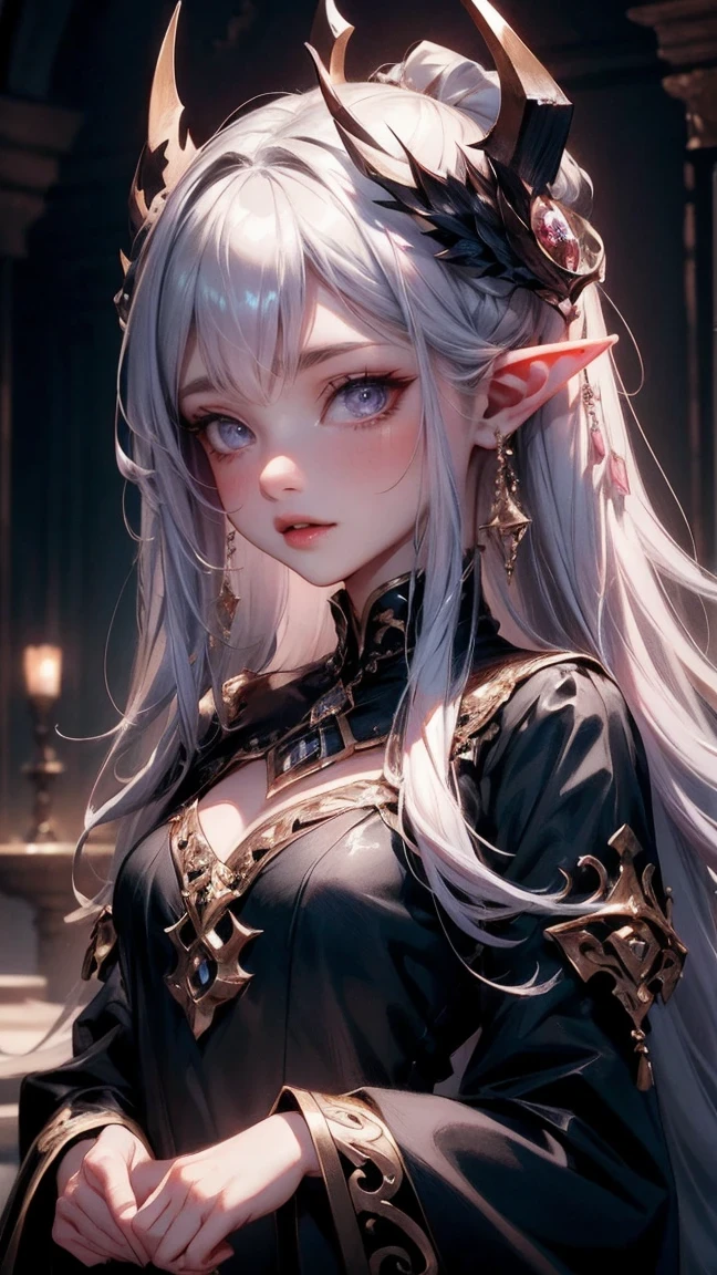 Cute Girl, cowboy shot,(Pencil_Sketch:1.2, messy lines, greyscale, traditional media, sketch),(full body portrait:1.5), (Far focus design:1.5), An elf queen, High-level elf noble clothing, Proud, shy, bell, Triple crown, Glowing white pupils, Eyes look toward central focus, wrapped in lilac metallic canvas, Exuding an aura of dark fantasy and hatred, Intricate and exquisite details, Highlight thin strokes, dark rich color palette, Black, Red, white, blue, Added to enhance the overall ambience, Beautiful details glow, smooth and flawless, through double exposure technology, Hauntingly beautiful mist shrouding the landscape, Delicate crystal structure sparkles, ethereal light, Soft baby pink cherry blossoms, Exquisite carpet floor, Optical fiber thin fibers add touch, Intricate and mysterious, nose blush, rococo style, high detail, Conceptual art, UHD, anatomically correct, super detail, best quality, 8k