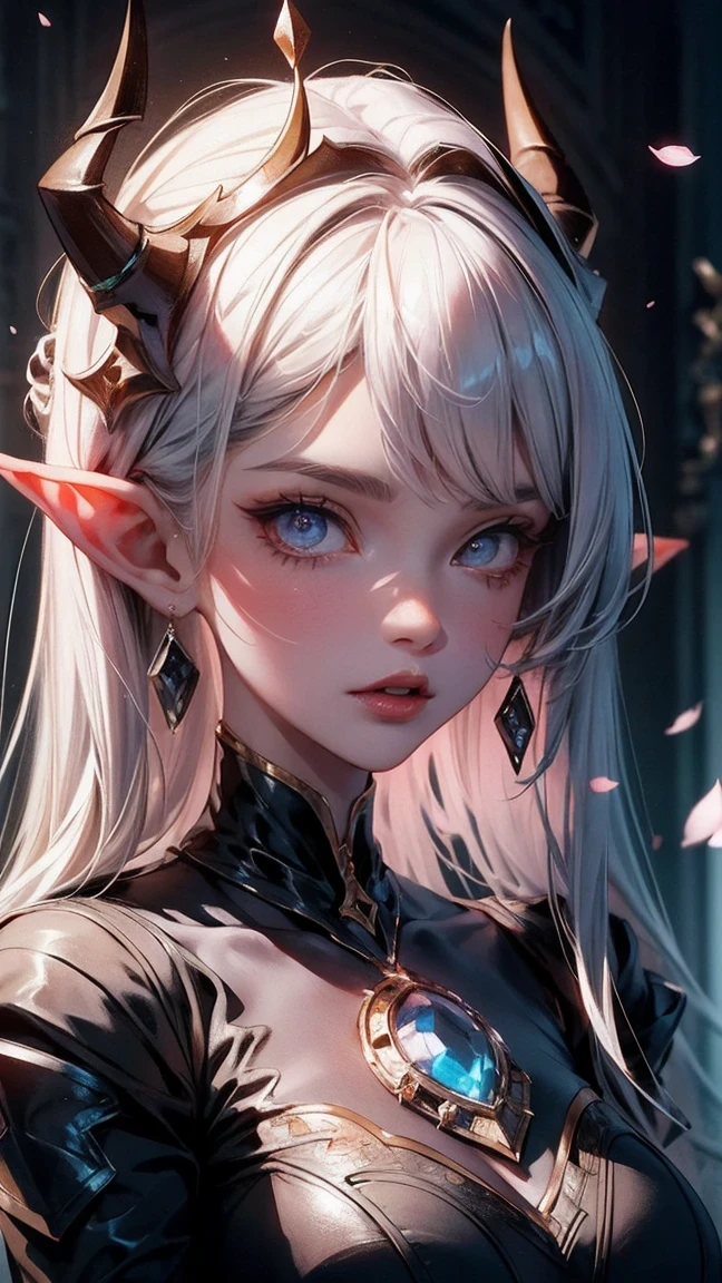Cute Girl, cowboy shot,unfinished, hatching (texture),(((A portrait of the vicious Dark Elf Queen appears:1.1))), Dark skin, white glowing pupils, Exuding an aura of dark fantasy and hatred, Intricate and exquisite details, Highlight thin strokes, dark rich color palette, Black, Red, white, blue, Added to enhance the overall ambience, mesmerizing artwork, Unforgettably beautiful faces in paintings, Demonstrate extraordinary illustration skills, Beautiful details glow, smooth and flawless, The mysterious scene unfolds, through double exposure technology, Delicate crystal structure sparkles, ethereal light, beautifully juxtaposed, Soft baby pink cherry blossoms, Optical fiber thin fibers add touch, Intricate and mysterious, Eyes look toward central focus, wrapped in lilac metallic canvas, image comes alive with black light glow lines, Enhance its charming charm, Captivating works of art captured, cinematic lighting, UHD, anatomically correct, textured skin, super detail, award winning, 8k