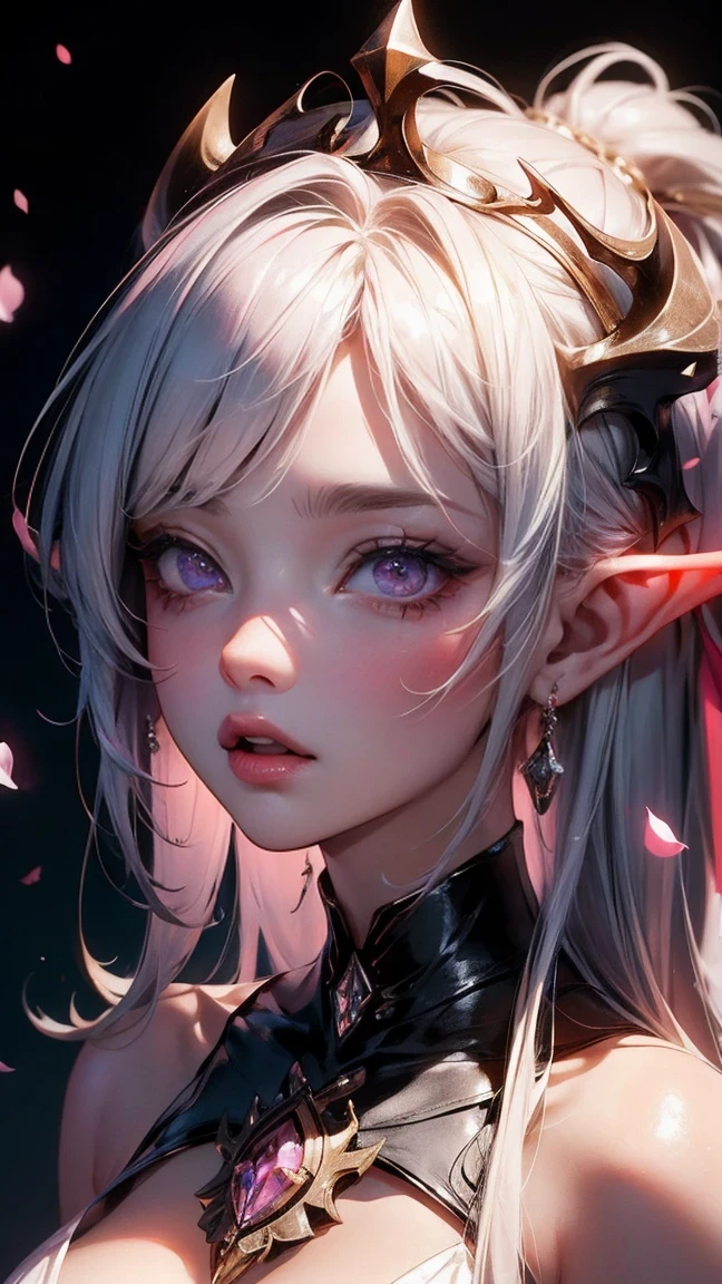 Cute Girl, cowboy shot,unfinished, hatching (texture),(((A portrait of the vicious Dark Elf Queen appears:1.1))), Dark skin, white glowing pupils, Exuding an aura of dark fantasy and hatred, Intricate and exquisite details, Highlight thin strokes, dark rich color palette, Black, Red, white, blue, Added to enhance the overall ambience, mesmerizing artwork, Unforgettably beautiful faces in paintings, Demonstrate extraordinary illustration skills, Beautiful details glow, smooth and flawless, The mysterious scene unfolds, through double exposure technology, Delicate crystal structure sparkles, ethereal light, beautifully juxtaposed, Soft  pink cherry blossoms, Optical fiber thin fibers add touch, Intricate and mysterious, Eyes look toward central focus, wrapped in lilac metallic canvas, image comes alive with black light glow lines, Enhance its charming charm, Captivating works of art captured, cinematic lighting, UHD, anatomically correct, textured skin, super detail, award winning, 8k