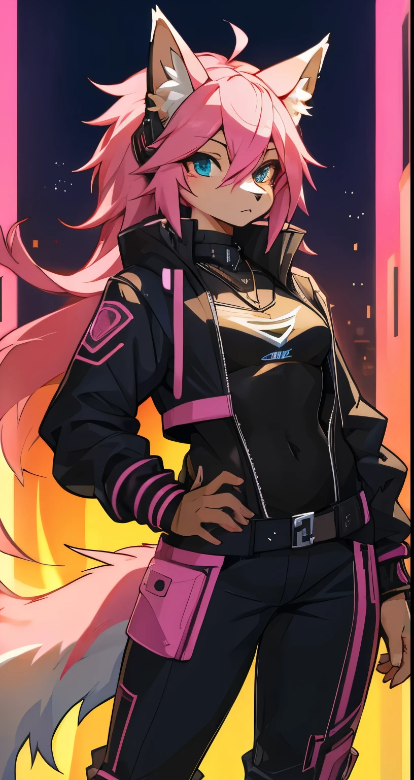 um desenho de um mulher com fundo rosa e fundo rosa, acionar estilo de arte de anime, an anthropomorphic cyberpunk fox, esquisito voidpunk fursona, estilo de arte desconhecido, vibrant fan art, conceito de corpo inteiro, fursona usando roupas estilosas, estilo de arte limpo, Estilo varguyart, sketchy art style, personagem de estilo anime, detailed conceito de corpo inteiro