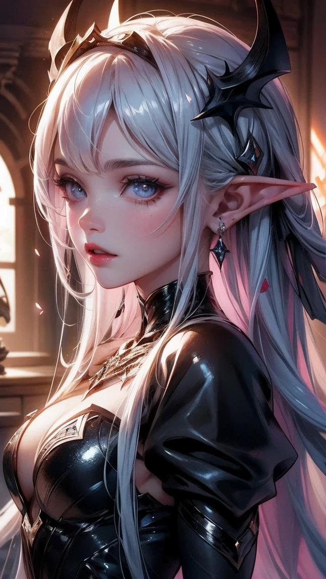 Cute Girl, cowboy shot,unfinished, hatching (texture),(((A portrait of the vicious Dark Elf Queen appears:1.1))), Dark skin, white glowing pupils, Exuding an aura of dark fantasy and hatred, Intricate and exquisite details, Highlight thin strokes, dark rich color palette, Black, Red, white, blue, Added to enhance the overall ambience, mesmerizing artwork, Unforgettably beautiful faces in paintings, Demonstrate extraordinary illustration skills, Beautiful details glow, smooth and flawless, The mysterious scene unfolds, through double exposure technology, Delicate crystal structure sparkles, ethereal light, beautifully juxtaposed, Soft baby pink cherry blossoms, Optical fiber thin fibers add touch, Intricate and mysterious, Eyes look toward central focus, wrapped in lilac metallic canvas, image comes alive with black light glow lines, Enhance its charming charm, Captivating works of art captured, cinematic lighting, UHD, anatomically correct, textured skin, super detail, award winning, 8k