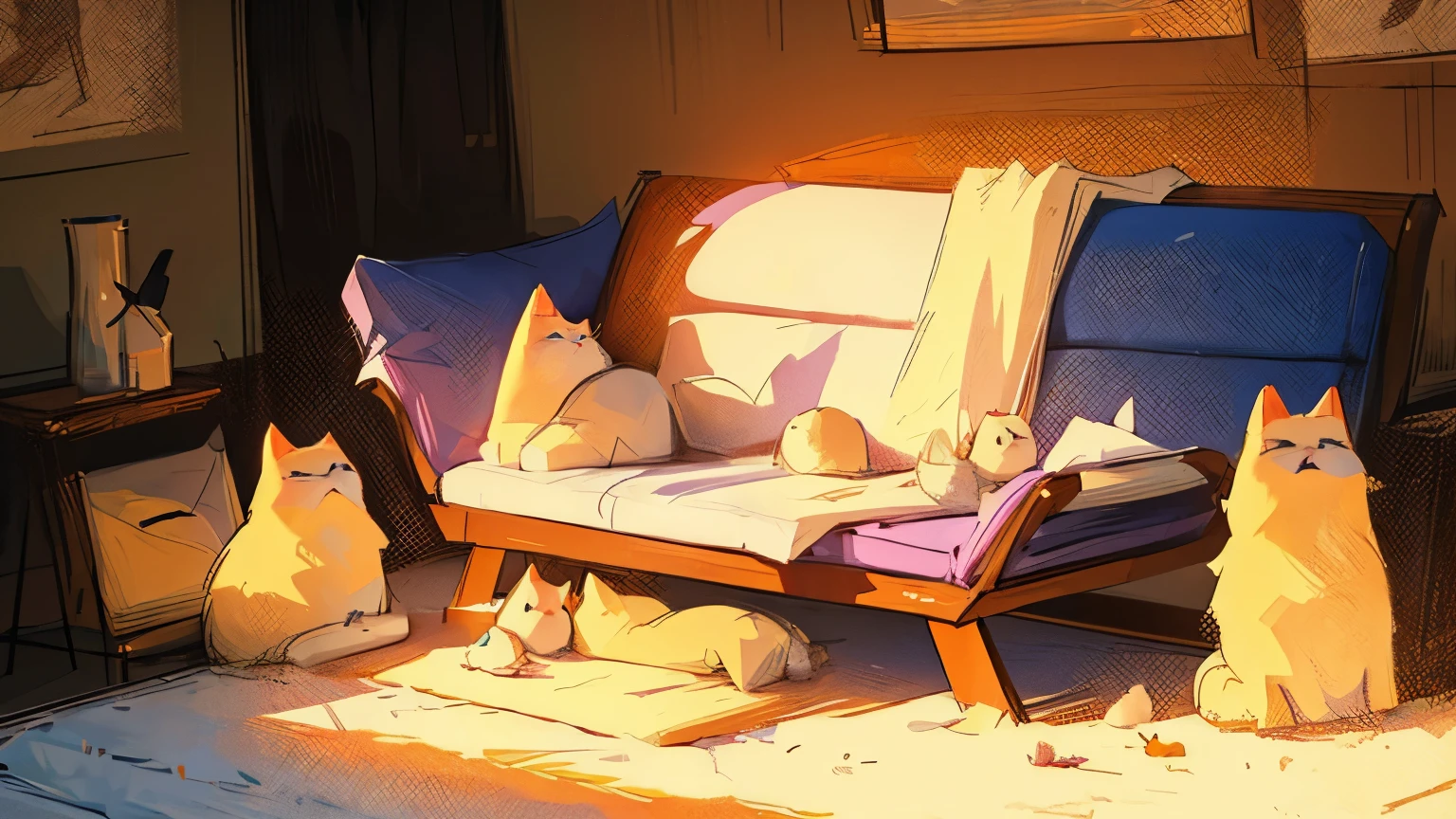 Numa sala aconchegante, a lazy cat lounges lazily on a soft rug, while a cup of tea gently smokes beside, criando uma cena serena e relaxante.