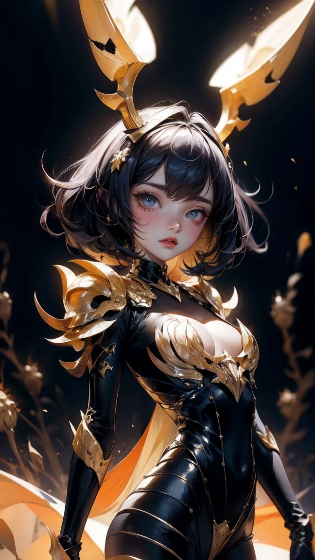 Cute Girl, cowboy shot,Zerg Queen, Full body close-up, Insect characteristic head, Crustacean queen close-up, compound-eyed, multi-clawed, Metallic, Big , well developed muscles, Beetle's lower body, An intimidating gesture, small metal crown, Zerg Lair Background, Point lights, backlight, Terrifying spatial effects, black yellow white palette, Surrealism, high detail, Expressionism, Fauvism, UHD, high details, best quality, award winning, 8k