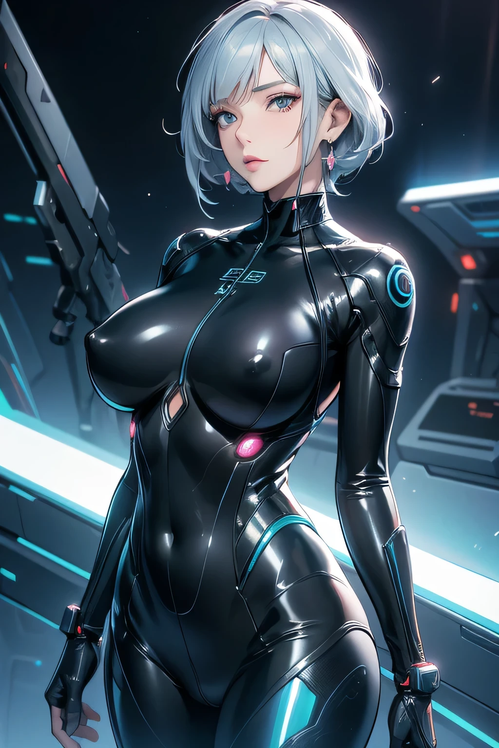 Milf, woman in a futuristic suit, highly detailed face, cool, mom, tomboy, very large breast, (Milf), mature face, (mature female), cybersuit, anime girl wearing tight suit, milfication, Elegant body, navel focus, naked body, gloves, earrings, science fiction, female protagonist, standing, volumetric light, detailed lighting, (detailed textures), oppai cyberpunk, biomechanical oppai, masterpiece, best quality eyes, sci-fi background, futuristic landscape, low angle, (smooth surface), (simple body suit)
