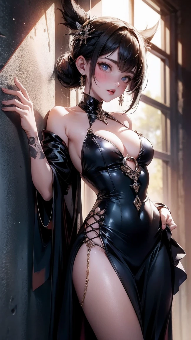 Cute Girl, cowboy shot,backlight, 1girl, linked piercing, linked piercing close-up, gothic style, Charming expression, Leaning your back against the wall, Knees squeezed to the chest, Red cheeks, Close your eyes shyly, black mask, rococo style, chiaroscuro, sparkle, anatomically correct, UHD, high details, best quality, highres, super detail, ccurate, masterpiece, 8k