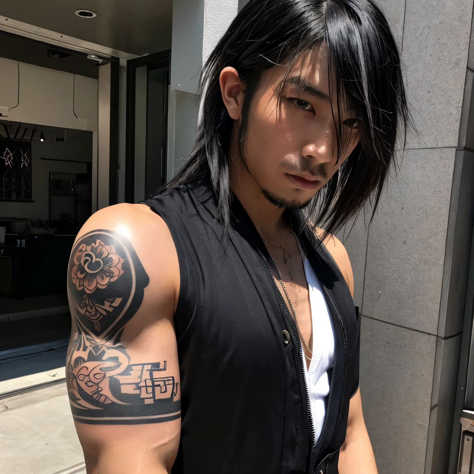 1 man, Japanese man, male, Asian eyes, muscular, broad shoulders, yakuza tattoos, hairstyle Visual Kei style, hair Visual Kei, black men's shirt and black pants, ultra detailed face, hyperrealistic, realistic representation, long hair, long hair, 30 years old, age 30 years, blond, blonde hair