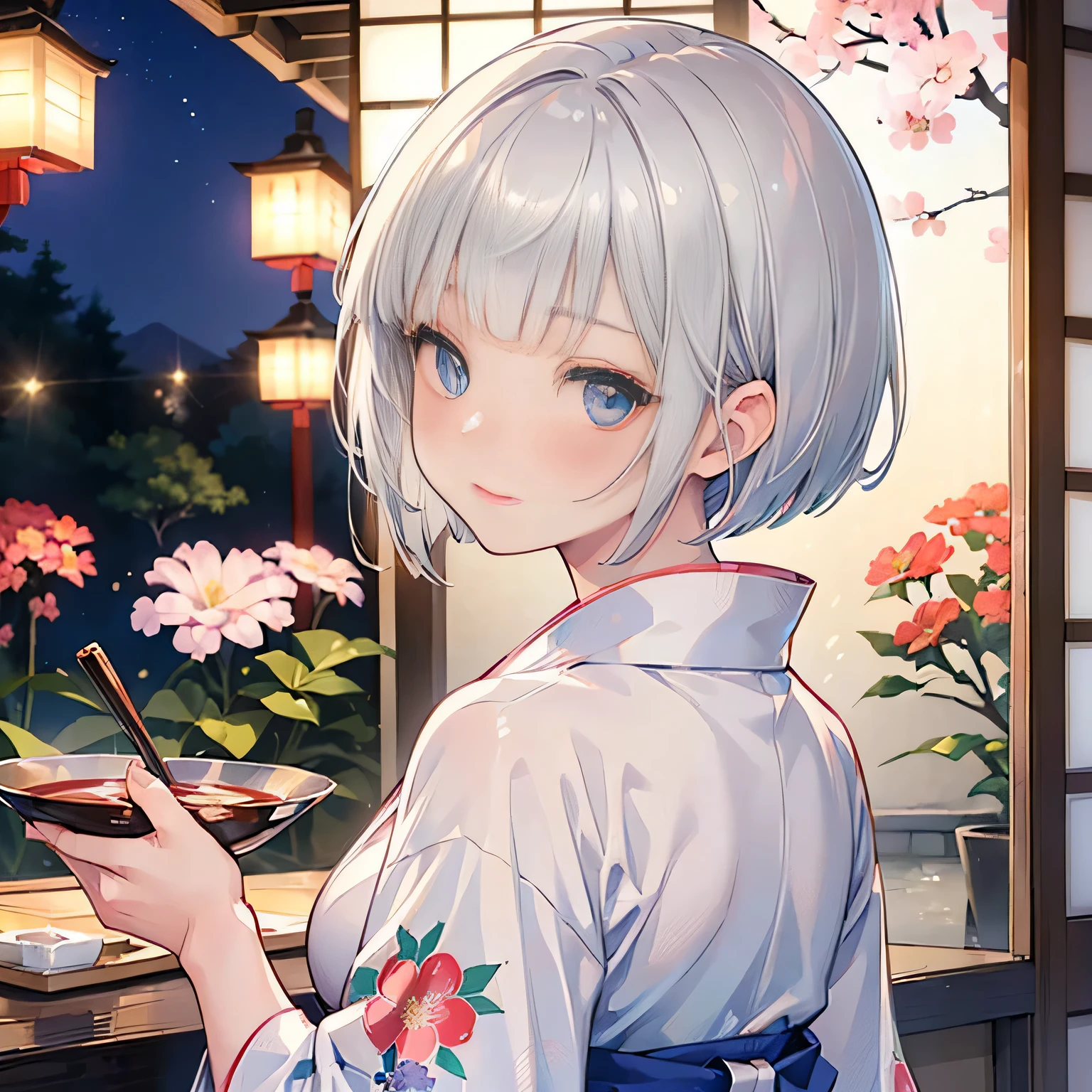 ((1girl,cute,japanese,young,short beautiful silver hair,pixie cut,blunt bangs,beautiful blue eyes)),
(solo),(japanese beautiful floral kimono,yukata),((masterpiece, highest resolution,best quality)), (beautiful illustration), (looking at the viewer), innocent smile,beautiful japanese festival,fireworks,flowers,stall、stall,crowded,night,