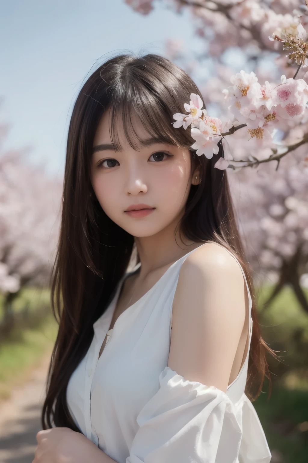(((8k、RAW photo、highest quality、masterpiece:1.2)))、soft natural lighting、(real)、NSFW、1 cute 18 year old Japanese girl、Rural tree-lined road with cherry blossoms in full bloom、Upper body、Close-up、
