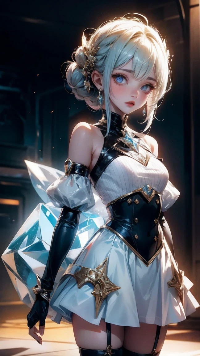 Cute girl, Cowboy shooting,Crystal Cover, Upper Body, Side view, Alternative color, masterpiece, Detailed description, Practical, pixiv Top Quality, fine, {{{Kawaii girl}}}, Super beauty and machine fusion, Exquisite shabby chic pattern, Sparkling beautiful woman, Half of my body is made of machines, Clear vitreous, The machines inside are all transparent, Movie Lighting, Dynamic Angle, Dynamic poses, Crystal World, Depth of Field