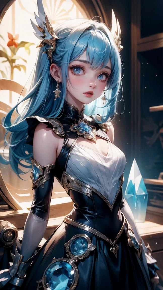 Cute Girl, cowboy shot,crystal covering, Upper body, side shot, alternative color, masterpiece, Detailed description, actual, Pixiv top quality, Beautifully, {{{kawaii1girl}}}, Super beauty fused with machine, Sophisticated shabby chic pattern, sparkling beautiful women, Half of my body is made of machines, Transparent glass body, The machines inside the body are all transparent, movie lighting, dynamic angle, dynamic poses, Crystal World, depth of field