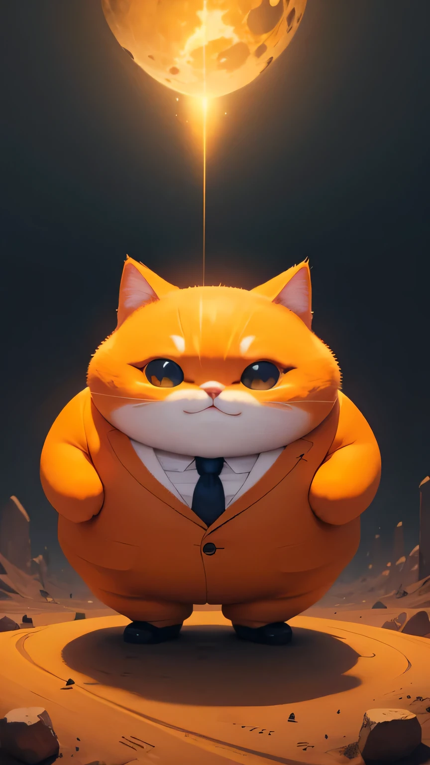 1 fat cat, orange color, very short legs, wearing a suit, standing on the moon. There is an aura around