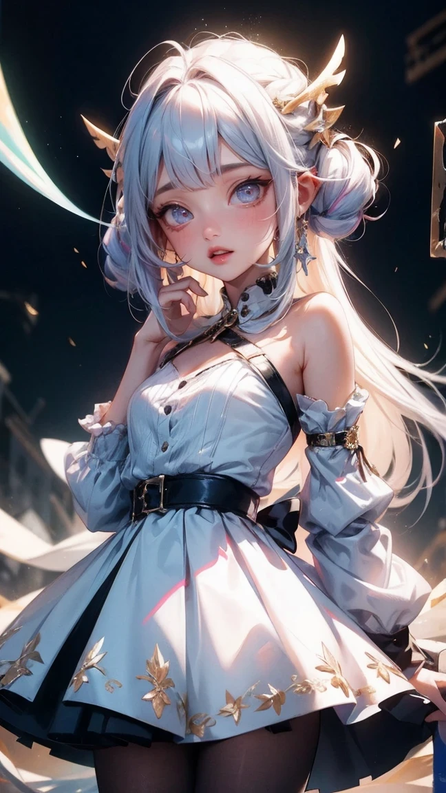 Cute Girl, cowboy shot,masterpiece, best quility, high_quality, high_resolution, masterpiece*portait, whitespace, colorful, 1girl, solo, white_hair, prism hair, [pink|green] eyes, gradient eyes, multicolored eyes, glowing eyes, glowing, glitter, glowing white particles, wind lift, full_body, serious,