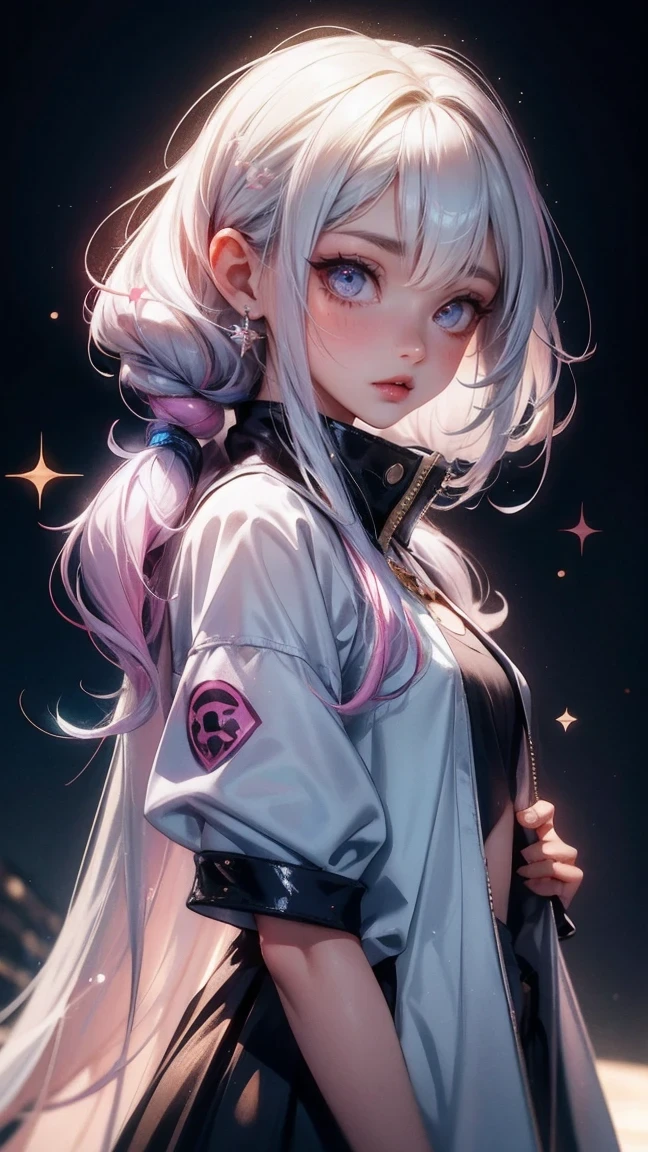 Cute Girl, cowboy shot,masterpiece, best quility, high_quality, high_resolution, masterpiece*portait, whitespace, colorful, 1girl, solo, white_hair, prism hair, [pink|green] eyes, gradient eyes, multicolored eyes, glowing eyes, glowing, glitter, glowing white particles, wind lift, full_body, serious,