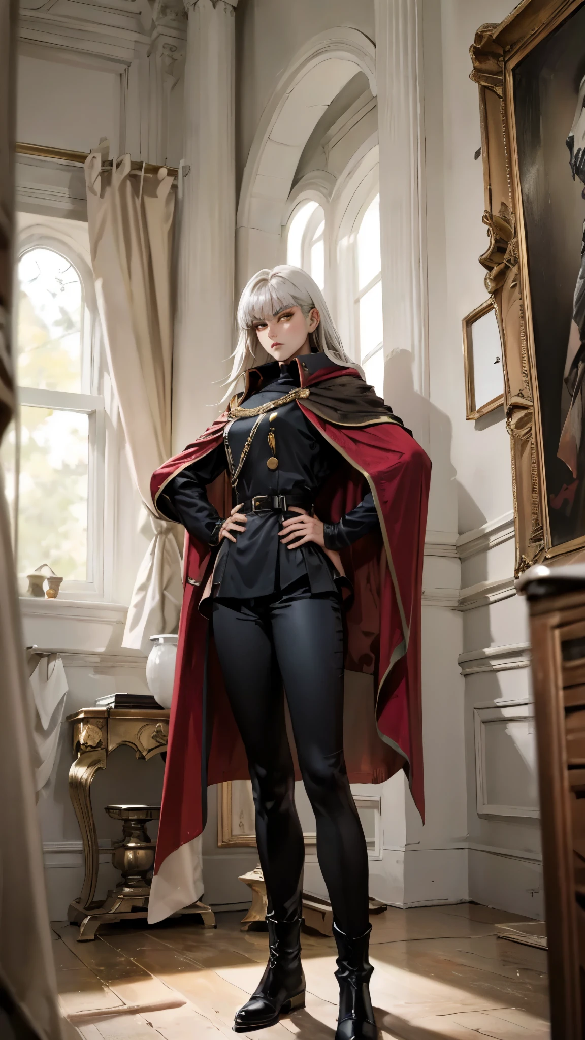 A woman with long platinum blonde hair, choppy bangs, arched crescent eyebrows, sharp and determined eyes, a delicate oval face, a serious expression, a fantasy-style dark green military coat, draped with a dark red waist-length cloak, military trousers, leather combat boots, silver greaves leggings, one hand on her hip, standing in a spacious training ground, this character embodies a finely crafted fantasy-style female military officer in anime style, exquisite and mature manga art style, pale skin, high definition, best quality, highres, ultra-detailed, ultra-fine painting, extremely delicate, professional, perfect body proportions, golden ratio, anatomically correct, symmetrical face, extremely detailed eyes and face, high quality eyes, creativity, RAW photo, UHD, 32k, Natural light, cinematic lighting, masterpiece-anatomy-perfect, masterpiece:1.5