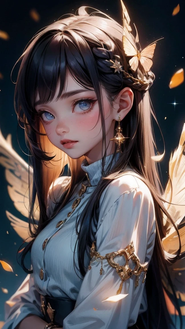 Cute Girl,cowboy shot,man made of fireflies, surrounded by fireflies,illustration,added details:beautiful wings,sparkling light,starry night,highres,ultra-detailed,realistic:1.37,portrait,soft and warm color tones,gently lit.