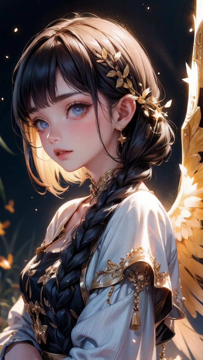 Cute Girl,cowboy shot,man made of fireflies, surrounded by fireflies,illustration,added details:beautiful wings,sparkling light,starry night,highres,ultra-detailed,realistic:1.37,portrait,soft and warm color tones,gently lit.