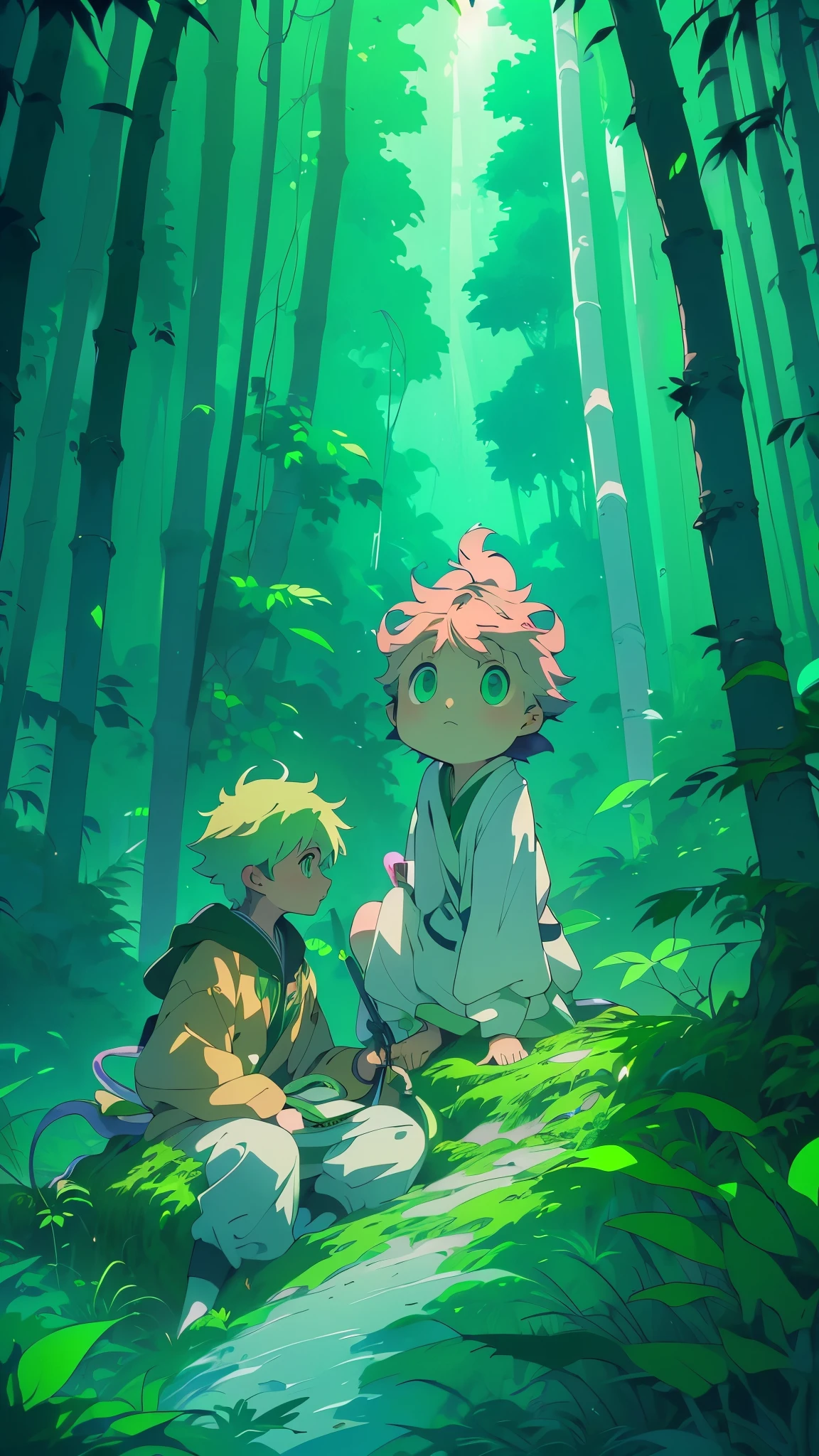 ((A boy)), ((Green Coloured eyes)), ((wearing a magic coat)), ((boy holding a magical wand)), ((Jungle)), ((lot of Tree)), ((boy sitting under a huge tree)), ((small cute little sparows flying around)), ((Boy releasing a spell)), ((a snake attacking the boy)), ((a small old temple very far away)), ((highly detailed)), ((extremely detailed)), ((Detailed)), ((hd)), ((ultra hd)), ((16k)), ((masterpeice)), ((best Quality)), ((kyoto animation)) ((Anime)), ((gradient lighting)), ((Soft colouring)), ((natural)), (attractive), ((A magical world in the jungle))