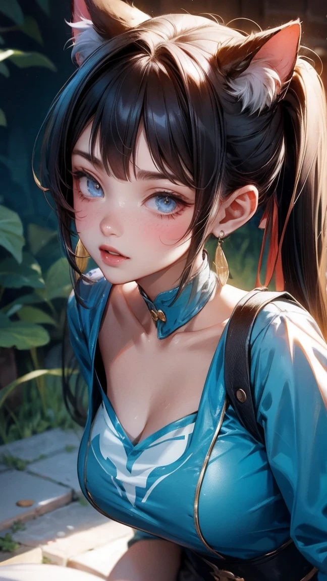 Cute Girl, cowboy shot,Chun Li's face cat ears red porcelain clothes sitting smiling anime style