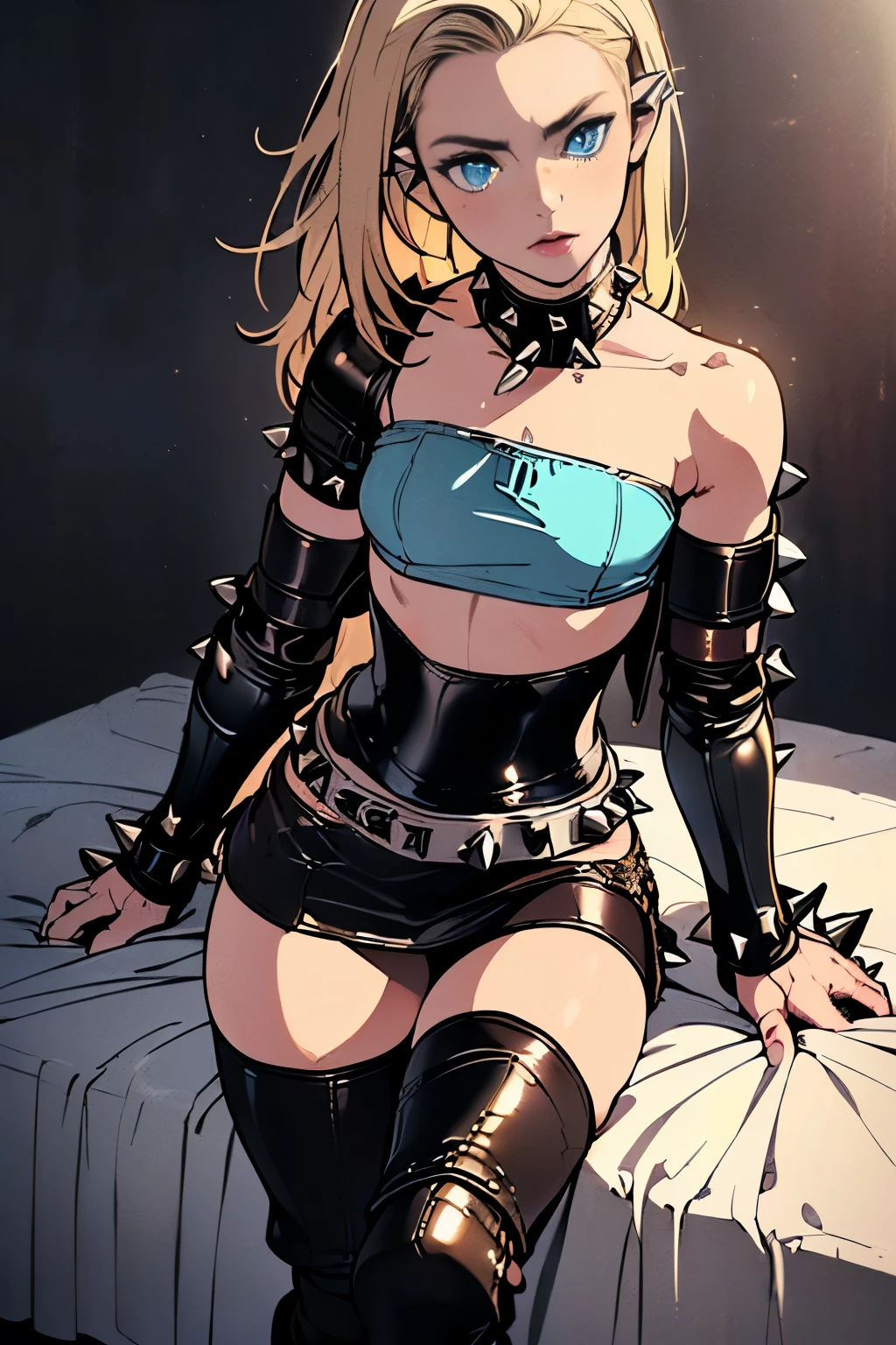 Young goth woman, skinny fit body, thick eyeshadow, blushing, choker, thick blonde hair with bangs, freckles, kinky strap bra, thick breasts, sexy black thong, sitting back with her legs spread open wide apart, sweaty