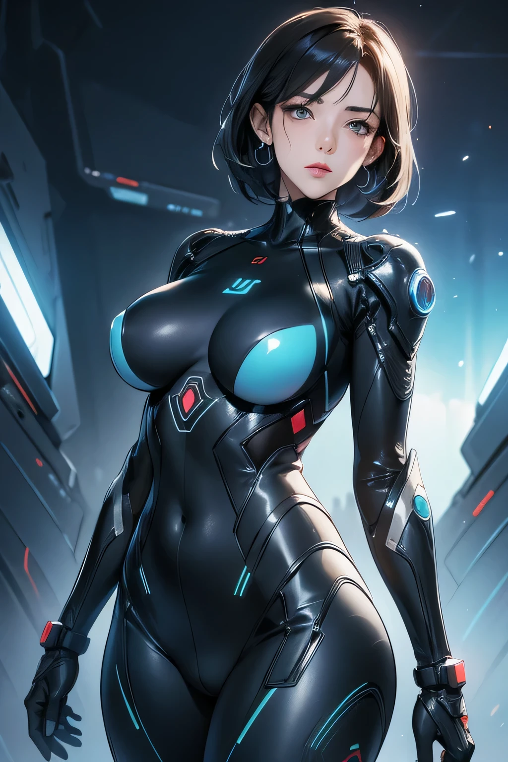 Milf, woman in a futuristic suit, highly detailed face, cool, mom, tomboy, very large breast, (Milf), mature face, (mature female), cybersuit, anime girl wearing tight suit, milfication, Elegant body, navel focus, naked body, gloves, earrings, science fiction, female protagonist, standing, volumetric light, detailed lighting, (detailed textures), oppai cyberpunk, biomechanical oppai, masterpiece, best quality eyes, sci-fi background, futuristic landscape, low angle, (smooth surface), (simple body suit)