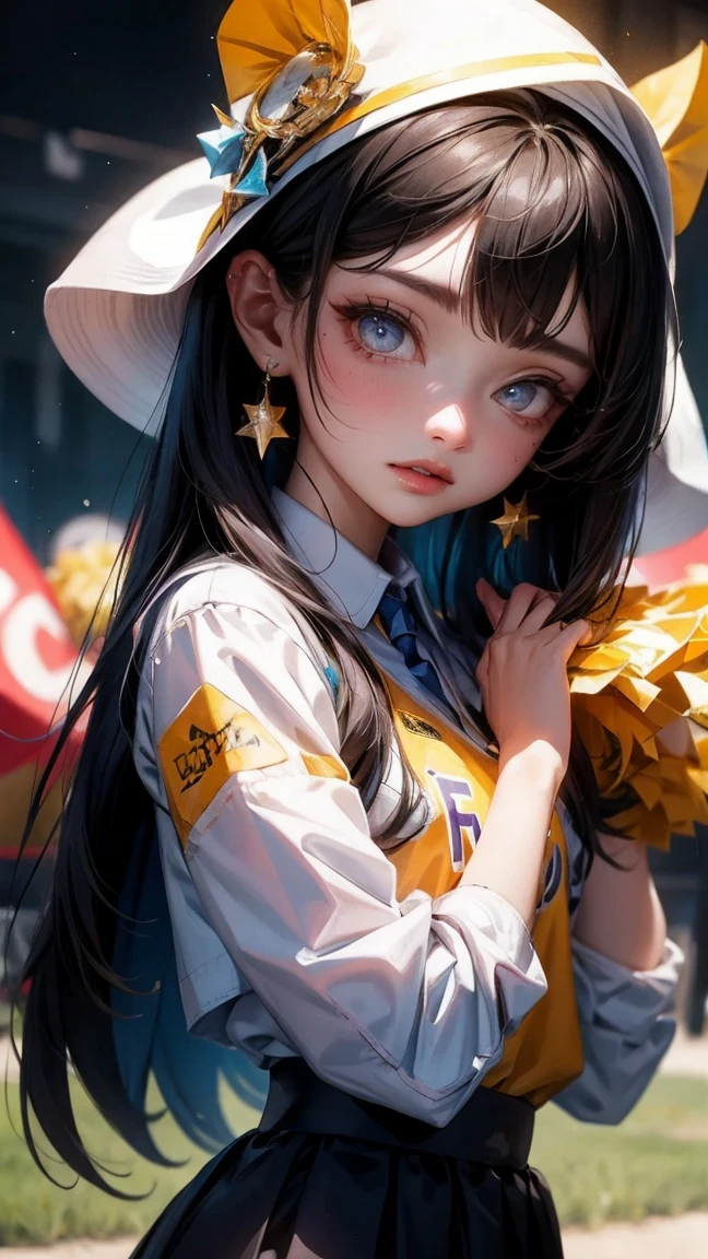 Cute Girl, cowboy shot,Cheerleading long,small smile,Cheerleading,Cheerleading long uniform, (((masterpiece))), (((best quality))), ((Super detailed)), (illustration), ((extremely delicate and beautiful)),(Bokeh,blurred background),(best shadow), 1 girl,White, black hair, long hair, kawaii,Lovely,Change, Shiny highlights on eyes, Character focus,head tilt,