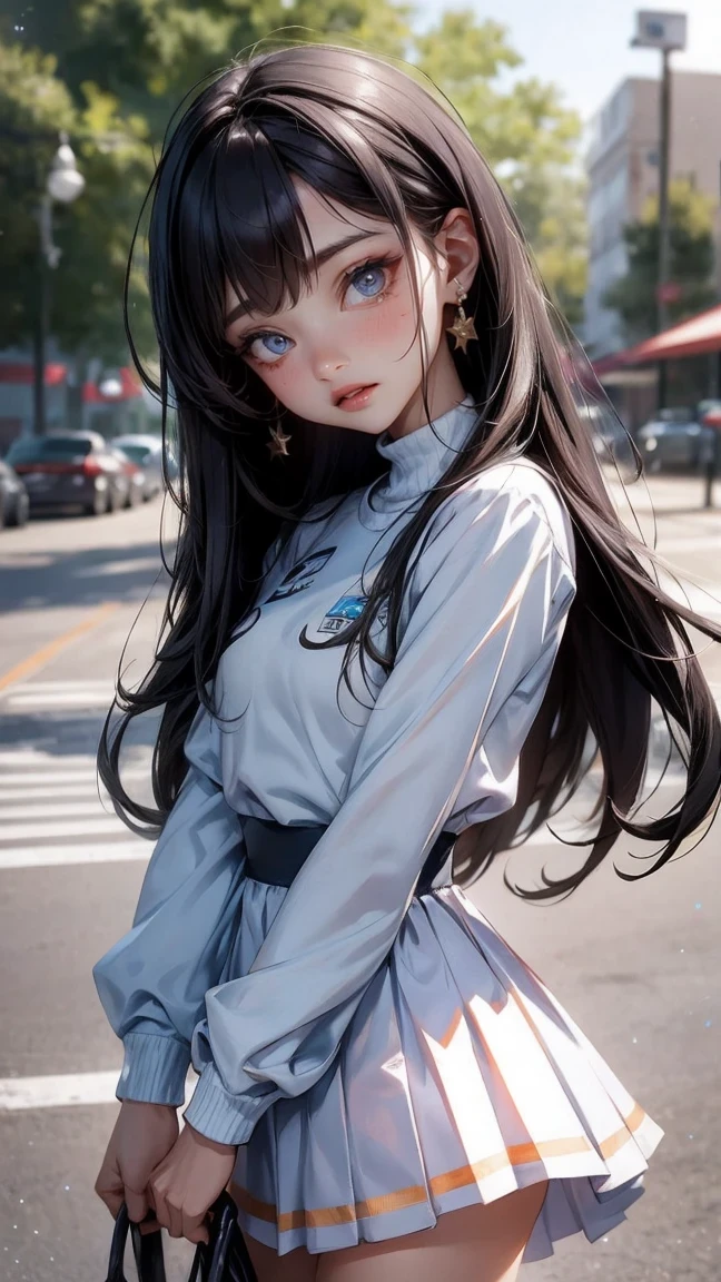 Cute Girl, cowboy shot,Cheerleading long,small smile,Cheerleading,Cheerleading long uniform, (((masterpiece))), (((best quality))), ((Super detailed)), (illustration), ((extremely delicate and beautiful)),(Bokeh,blurred background),(best shadow), 1 girl,White, black hair, long hair, kawaii,Lovely,Change, Shiny highlights on eyes, Character focus,head tilt,