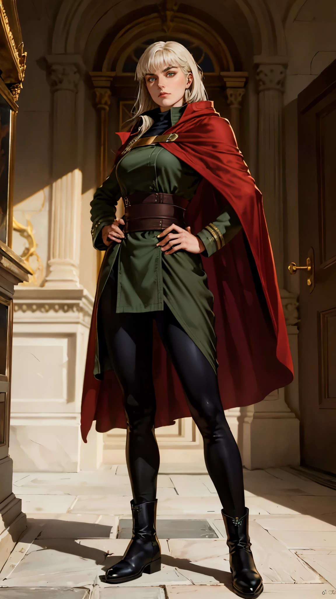 A woman with long platinum blonde hair, choppy bangs, arched crescent eyebrows, sharp and determined eyes, a delicate oval face, a serious expression, a fantasy-style dark green military coat, draped with a dark red waist-length cloak, military trousers, leather combat boots, silver greaves leggings, one hand on her hip, standing in a spacious training ground, this character embodies a finely crafted fantasy-style female military officer in anime style, exquisite and mature manga art style, pale skin, high definition, best quality, highres, ultra-detailed, ultra-fine painting, extremely delicate, professional, perfect body proportions, golden ratio, anatomically correct, symmetrical face, extremely detailed eyes and face, high quality eyes, creativity, RAW photo, UHD, 32k, Natural light, cinematic lighting, masterpiece-anatomy-perfect, masterpiece:1.5