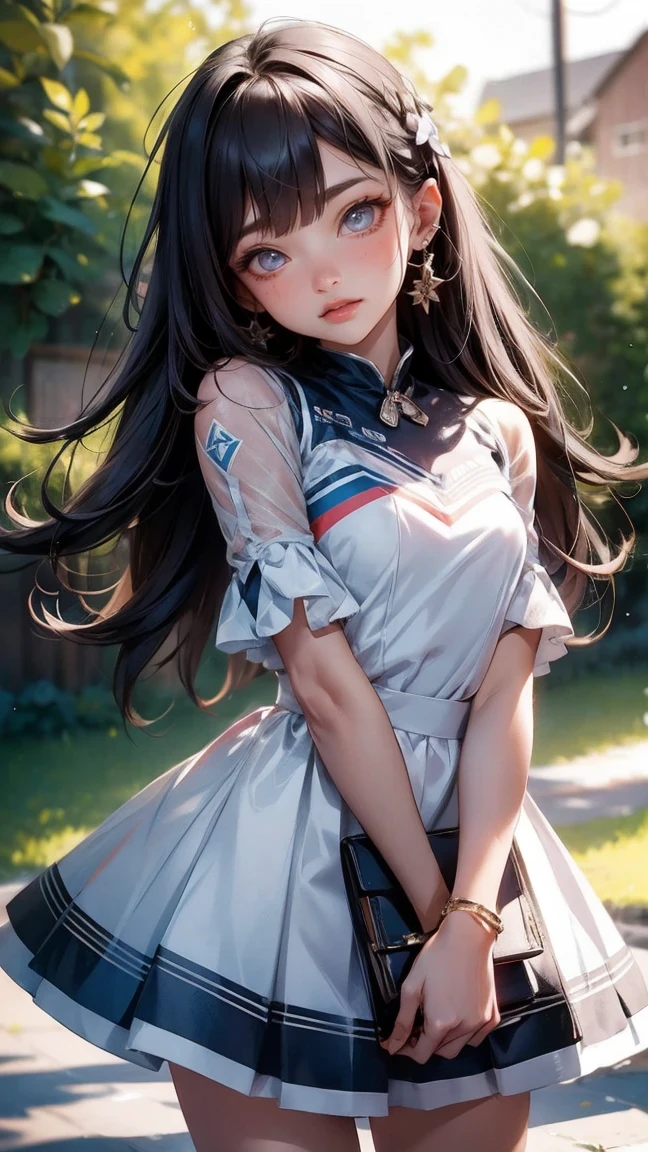 Cute Girl, cowboy shot,Cheerleading long,small smile,Cheerleading,Cheerleading long uniform, (((masterpiece))), (((best quality))), ((Super detailed)), (illustration), ((extremely delicate and beautiful)),(Bokeh,blurred background),(best shadow), 1 girl,White, black hair, long hair, kawaii,Lovely,Change, Shiny highlights on eyes, Character focus,head tilt,