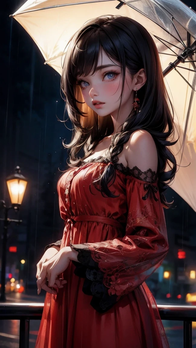 Cute Girl, cowboy shot,((Best quality, 8k, lace maxi dress, standing in the rain, red light district, highly detailed face and skin texture, detailed eyes, double eyelids.)