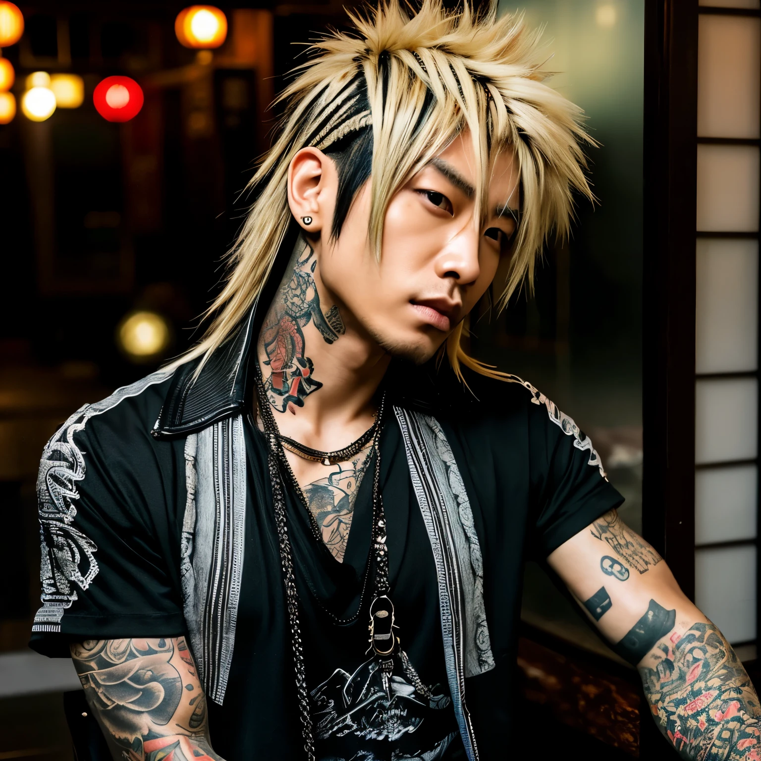 1 man, Japanese man, male, Asian eyes, muscular, broad shoulders, yakuza tattoos, hairstyle Visual Kei style, hair Visual Kei, black men's shirt and black pants, ultra detailed face, hyperrealistic, realistic representation, long hair, long hair, 30 years old, age 30 years, blond, blonde hair
