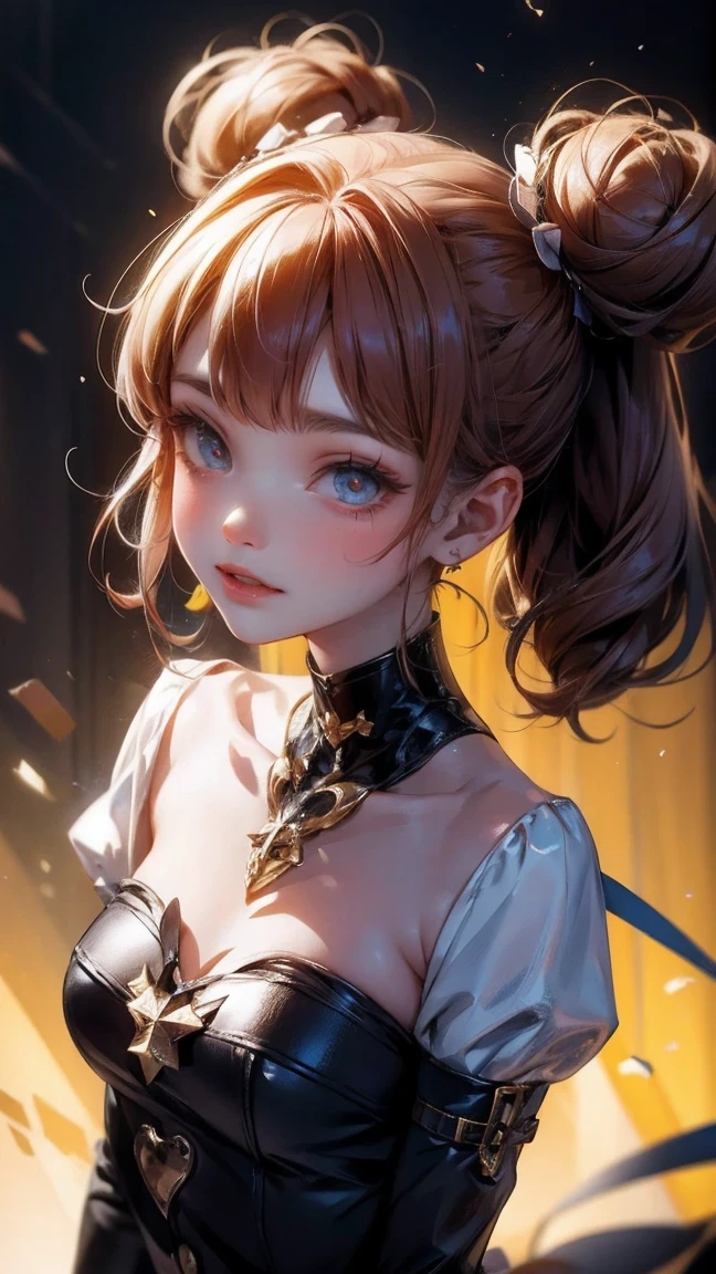Cute Girl, cowboy shot,drill hair, curtained hair, hair bun, big hair, medium hair, bow hairband, heart-shaped pupils, raised eyebrows, smile, puckered lips, Surrealism, Renaissance, anime, anime style, cinematic lighting, depth of field, god rays, drop shadow, Fujicolor, first-person view, pov, Wide-Angle, anime style, Surrealism, UHD, retina, masterpiece, ccurate, textured skin, high details, highres, 16k