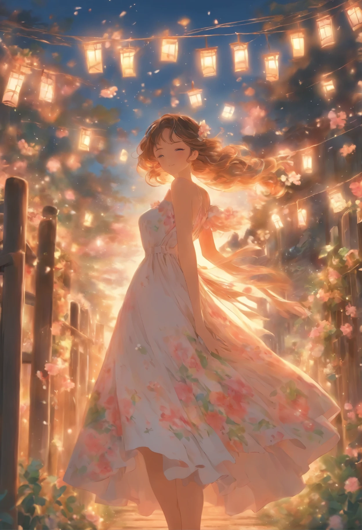 a woman in a white dress holding a white dress on a clothes line, romantic dress, wearing a long flowery dress, flower dress, dressed in a flower dress, flowing dress, wearing pink floral gown, wearing in a summer dress, wearing dress, bae suzy, lady with glowing flowers dress, feminine girly dress, summer dress, wearing a flowing dress, in a dress