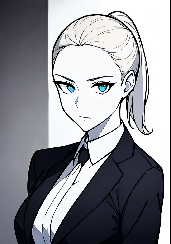One Young Adult female, white and tender skin, pale blonde slicked back into a short ponytail, steel blue eyes, light and carefree expression, wearing black suit jacket and tie, portrait style, facing forwards