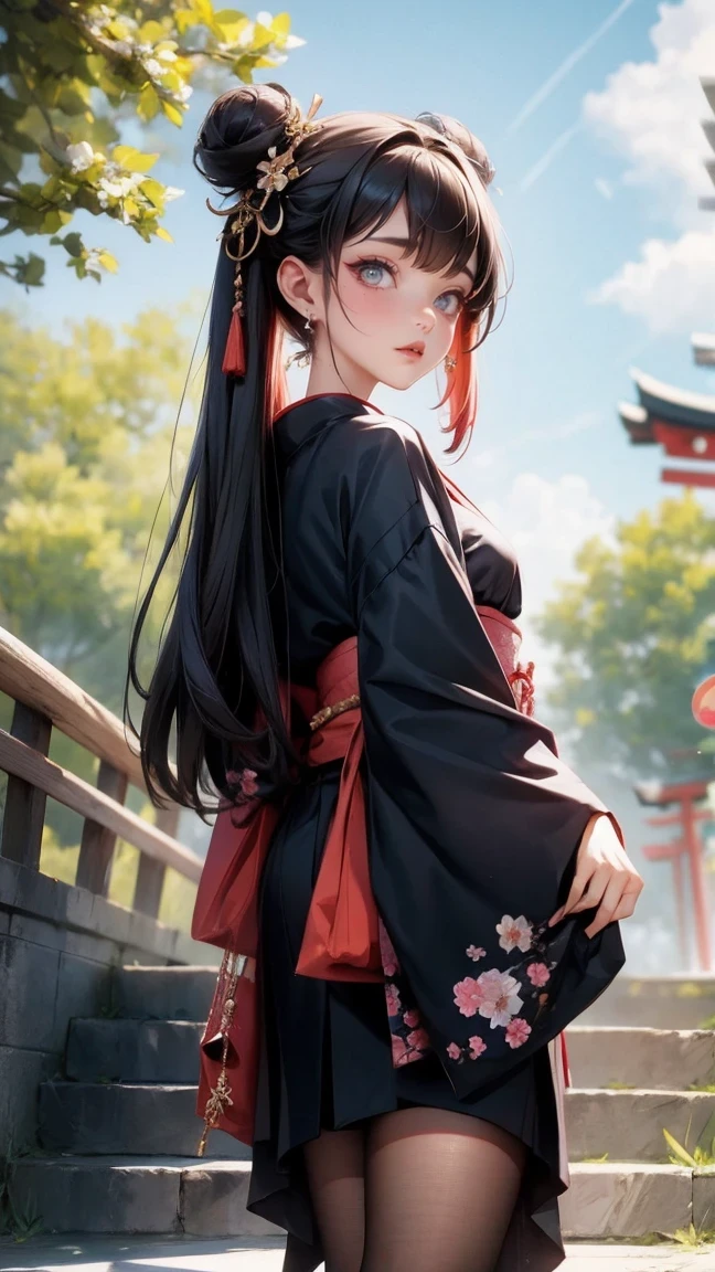 Cute Girl, cowboy shot,((masterpiece,best quality)),2 girls, black kimono, black pantyhose, black ribbon, black hair, 樱flower, sky, flower, bun, hair ribbon, japanese clothes, kimono, long hair, looking at the audience, look back , multiple girls, belt, outdoor, Red eyes, Red hair, ribbon, sandals, It’s good to be single, stairs, permanent, statue, torii, Tree, white kimono, yellow eyes