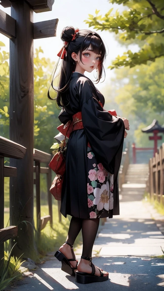Cute Girl, cowboy shot,((masterpiece,best quality)),2 girls, black kimono, black pantyhose, black ribbon, black hair, 樱flower, sky, flower, bun, hair ribbon, japanese clothes, kimono, long hair, looking at the audience, look back , multiple girls, belt, outdoor, Red eyes, Red hair, ribbon, sandals, It’s good to be single, stairs, permanent, statue, torii, Tree, white kimono, yellow eyes